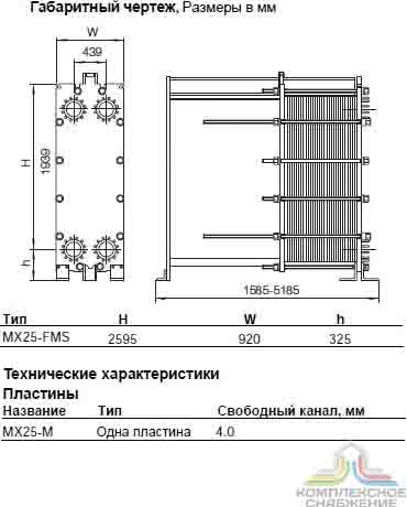 Габаритный чертеж теплообменника Alfa Laval MX25-MFMS