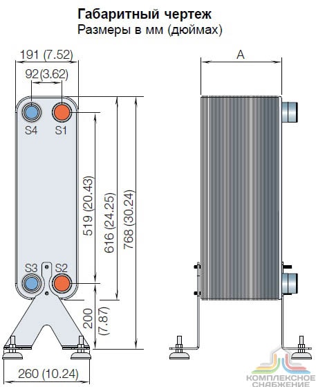 Габаритный чертеж паяного теплообменника Alfa Laval CB112